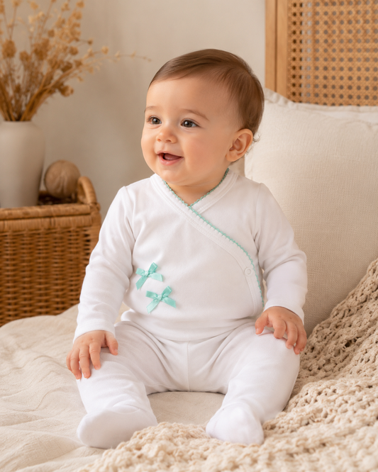 Conjunto bebé 2 Laços em algodão cor azul-bebé Zupi - body cruzado e calça com pé