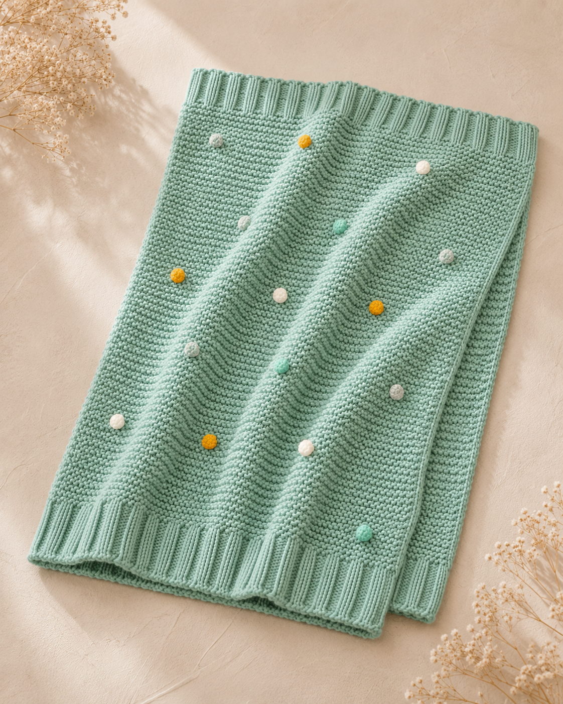 Manta bebé em malha com pompons cor verde Zupi - flat lay