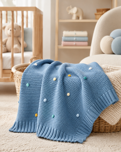 Manta bebé em malha com pompons cor azul-marinho Zupi - produto