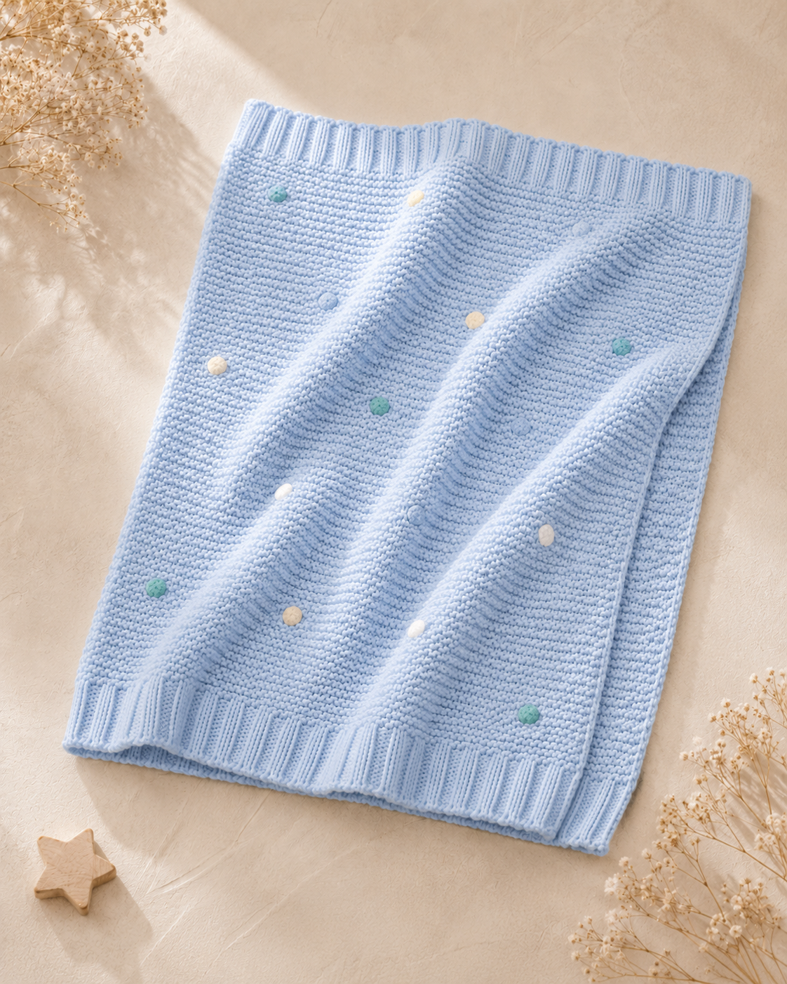 Manta bebé em malha com pompons cor azul-marinho Zupi - flat lay