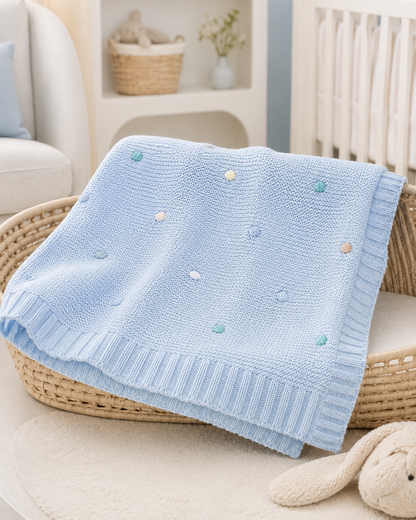 Manta bebé em malha com pompons Zupi - detalhe dos pompons