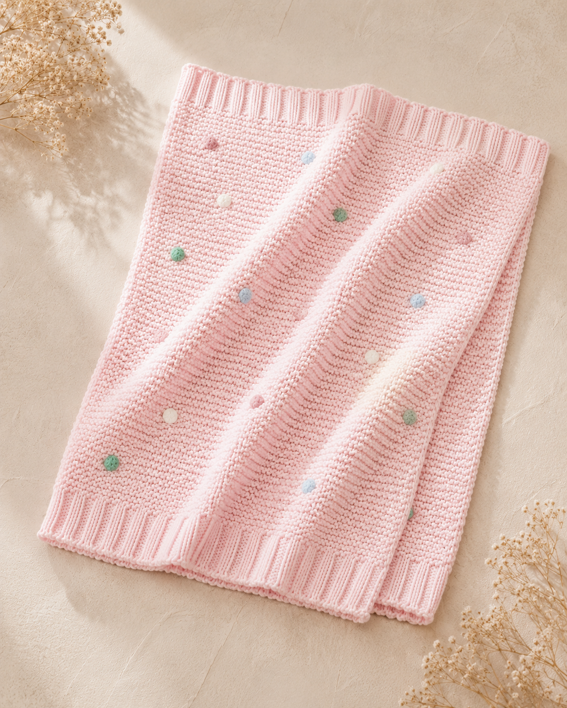 Manta bebé em malha com pompons Zupi - lifestyle no berço
