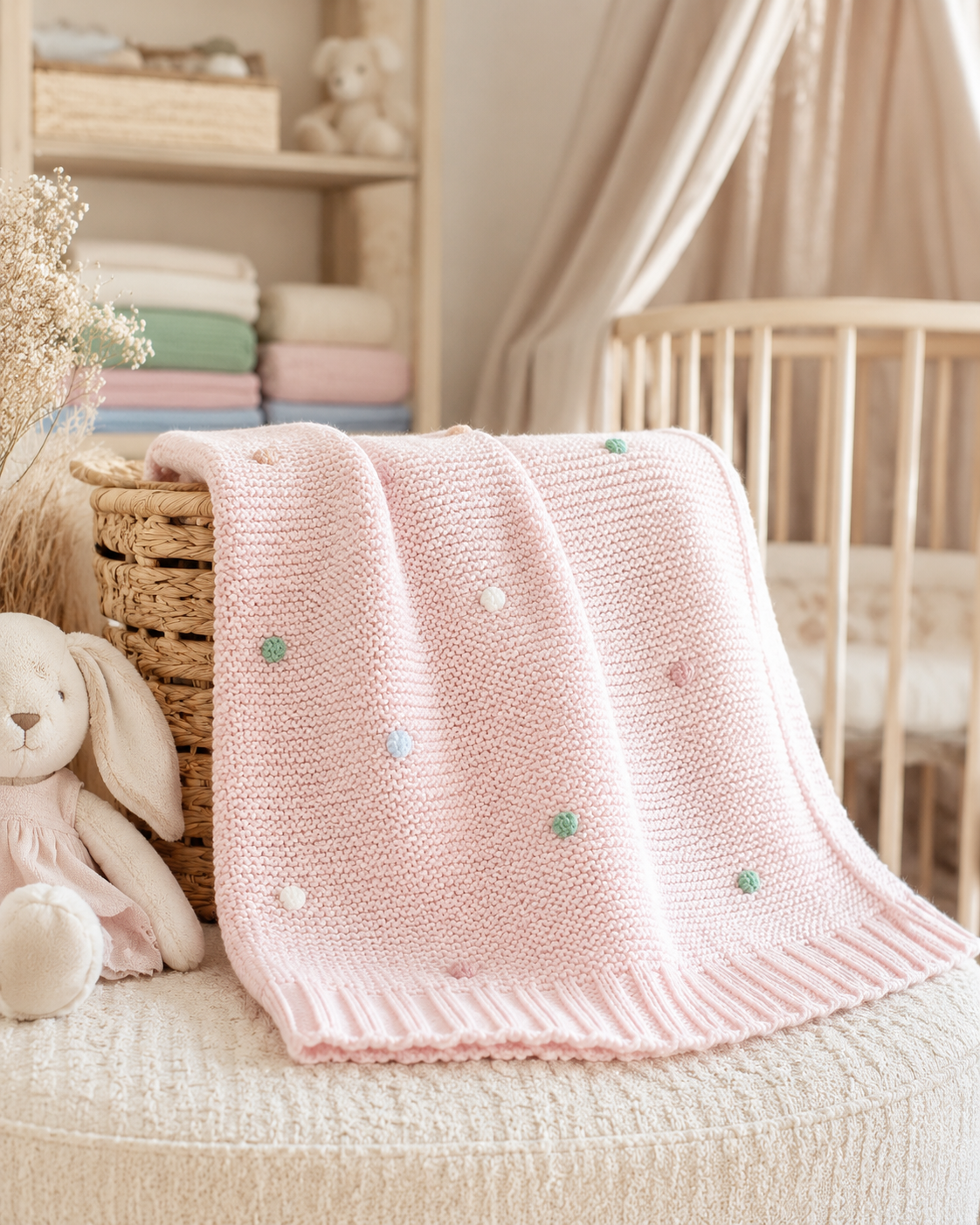 Manta bebé em malha com pompons Zupi - detalhe do tecido