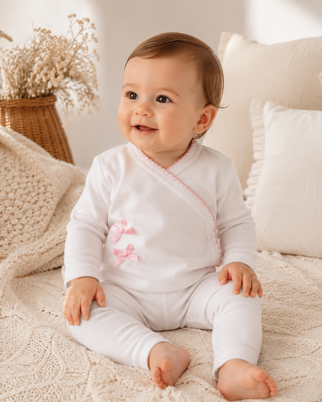 Conjunto bebé 2 Laços em algodão cor rosa Zupi - body cruzado e calça com pé