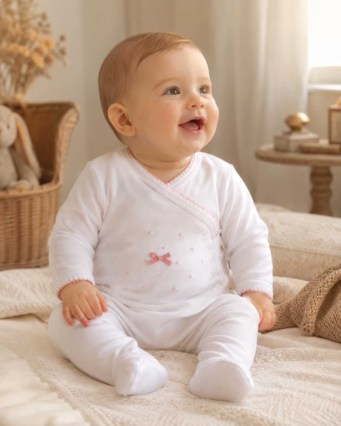 Conjunto bebé Pintinhas Delicadas em algodão, cor rosa-bebé, com body cruzado e calça com pé