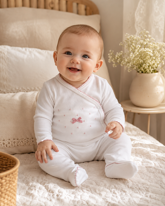 Conjunto bebé Pintinhas Delicadas em algodão, cor rosa-velho, com body cruzado e calça com pé